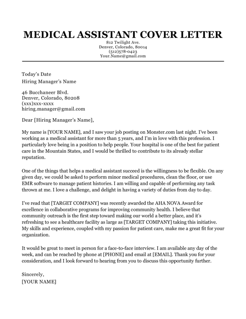 cover letter examples for medical assistant internship
