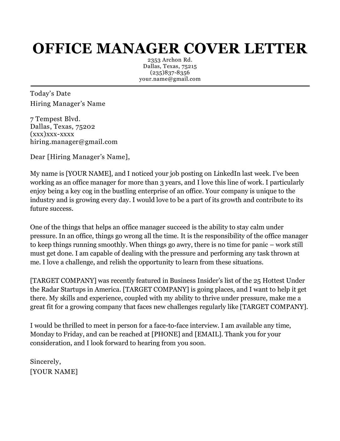 cover letter for resume office manager