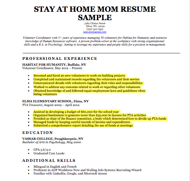 stay at home mom summary for resume examples