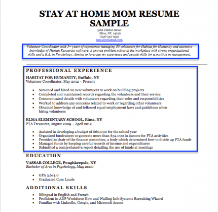 wording for stay at home mom on resume