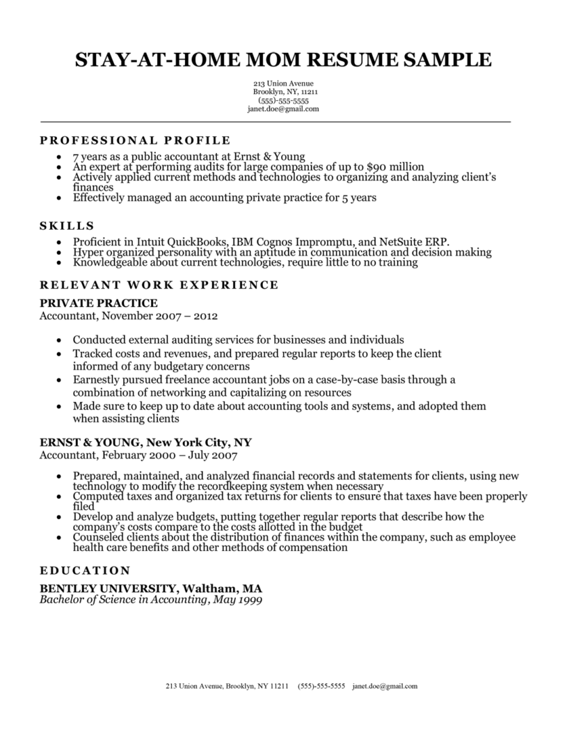 resume for a stay at home mom example