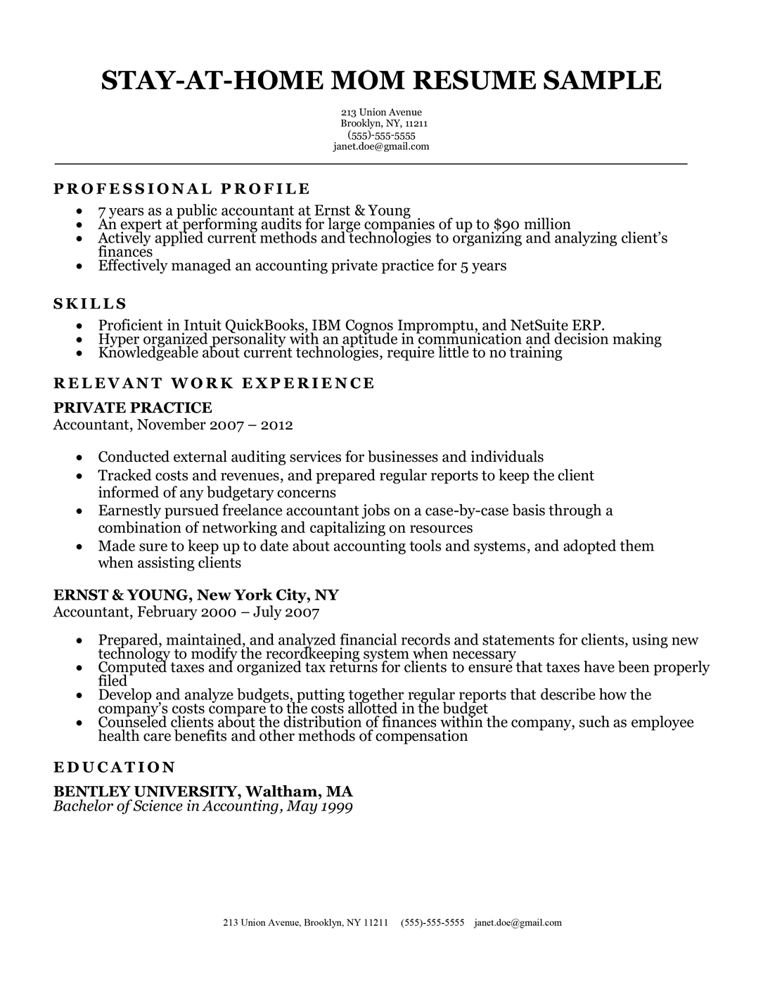 resume for stay at home mom returning to work