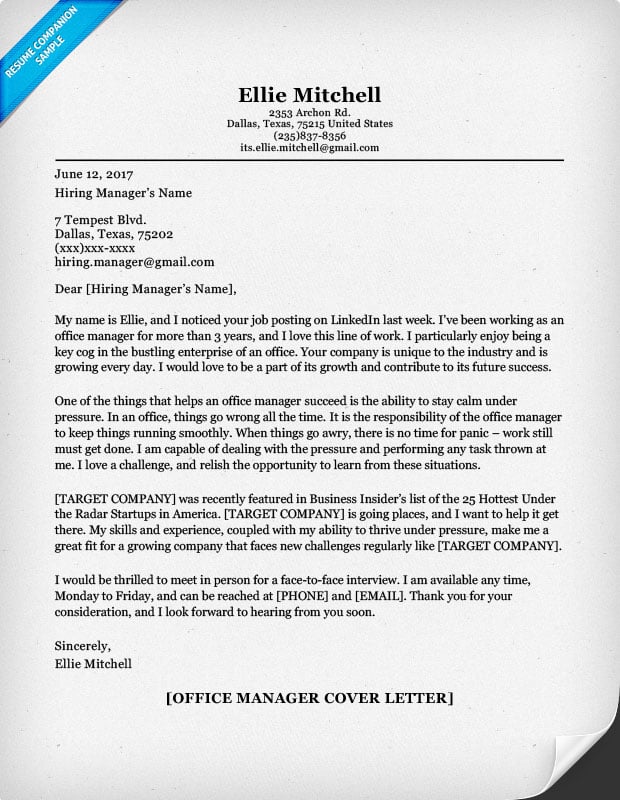 Medical Office Manager Cover Letter Example - Online Cover ...