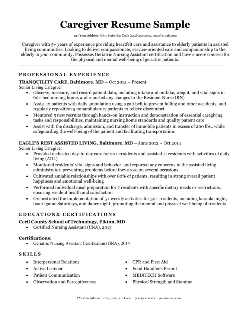 summary for resume caregiver