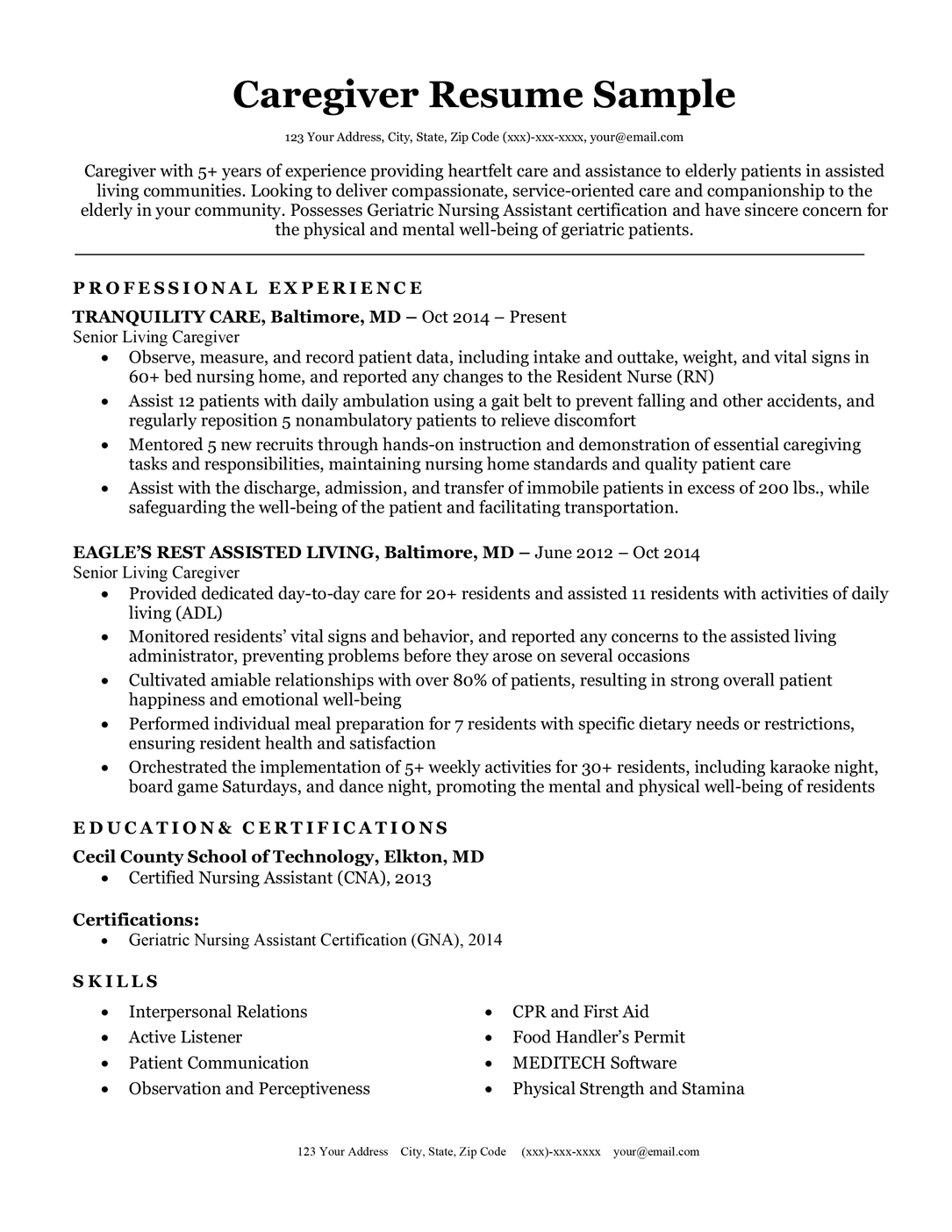 Caregiver resume sample