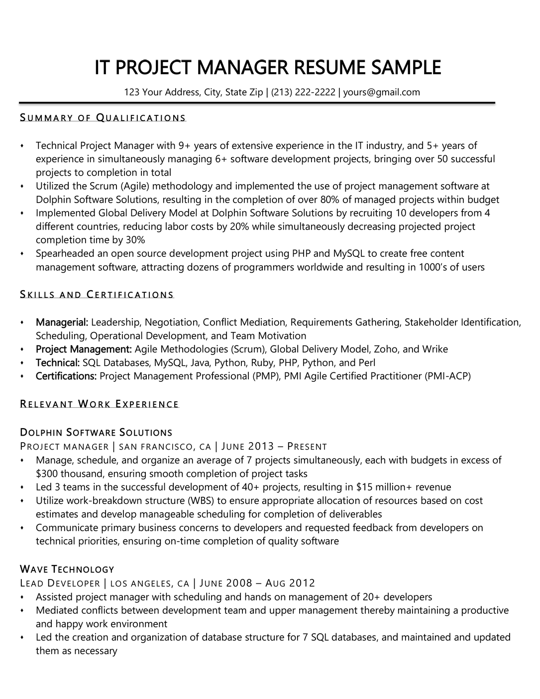 sample project manager resume