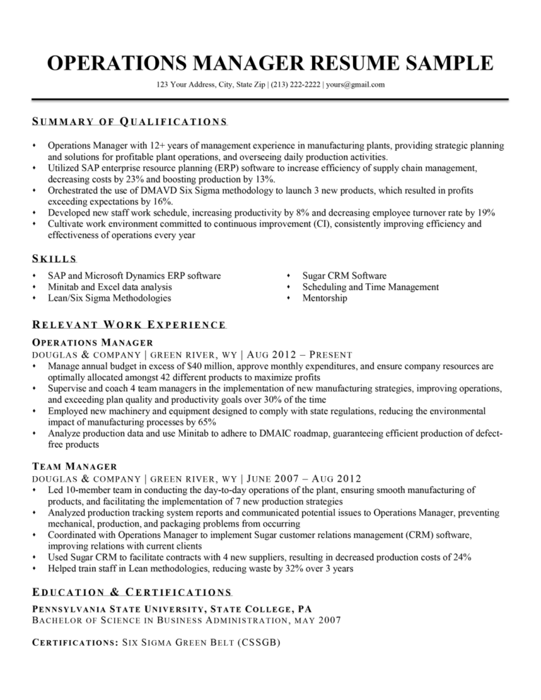 cv personal statement examples operations manager