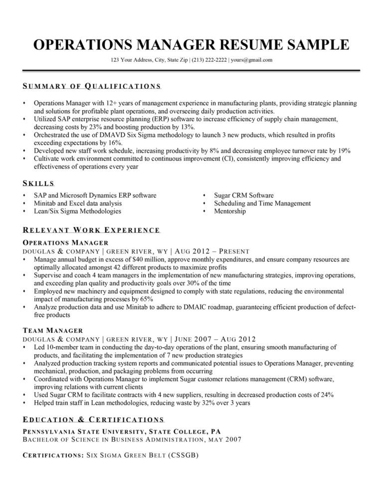 Operations Manager Job Description Resume Pdf