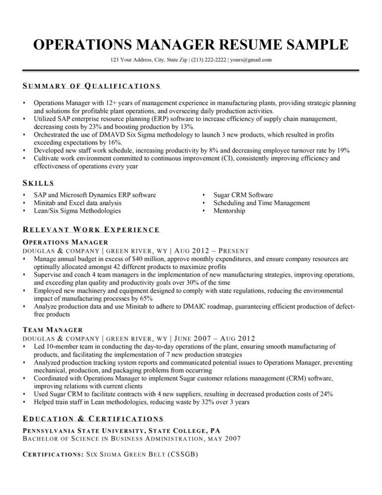 Operations Manager Resume Sample Writing Tips RC