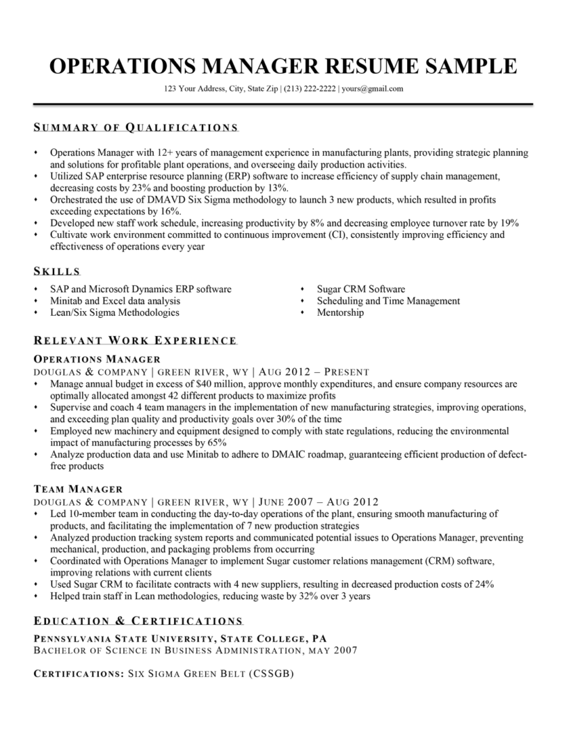 summary in resume for operations manager