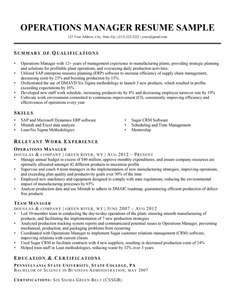 resume sample for general manager position