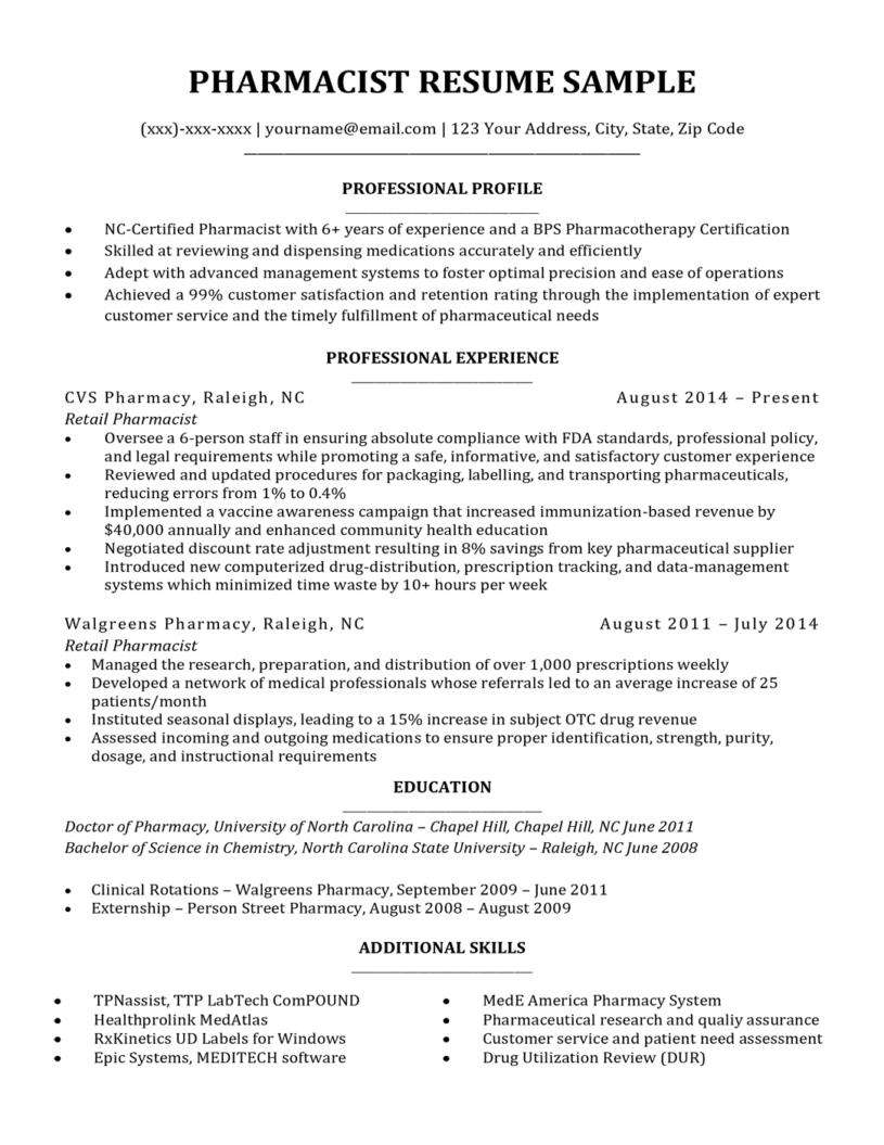 resume template for pharmacy students