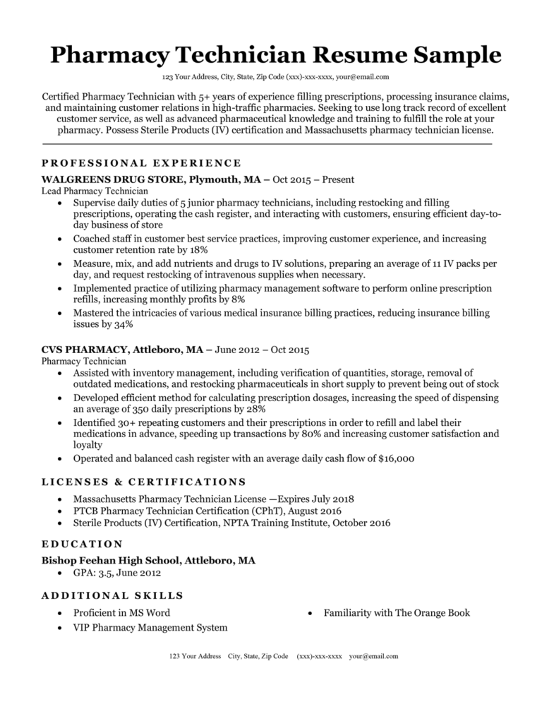 resume examples pharmacy technician