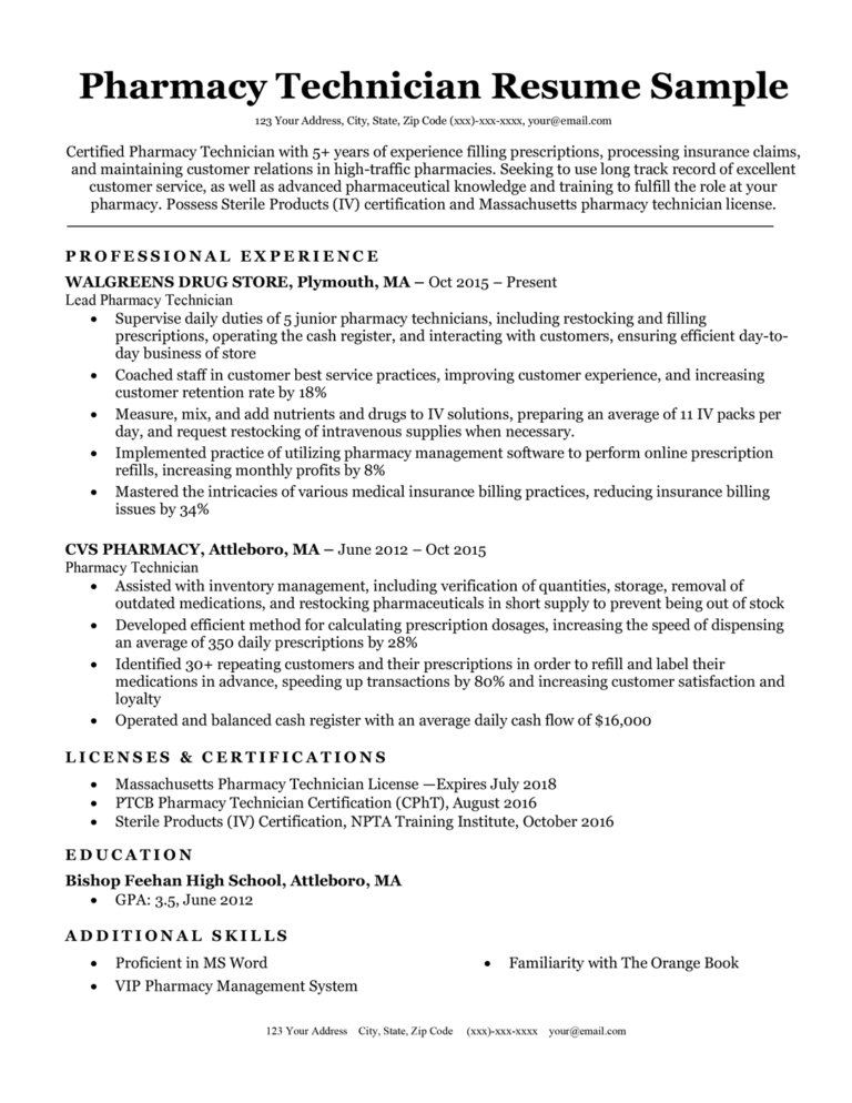 resume objective examples for pharmacy technician