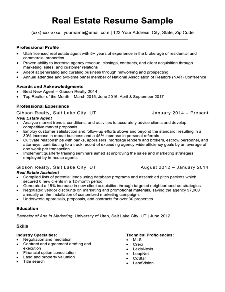 Real Estate Resume Sample Pdf