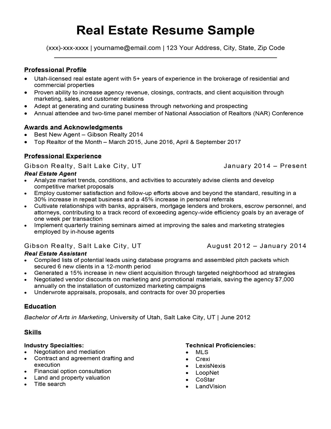 resume template for real estate agents