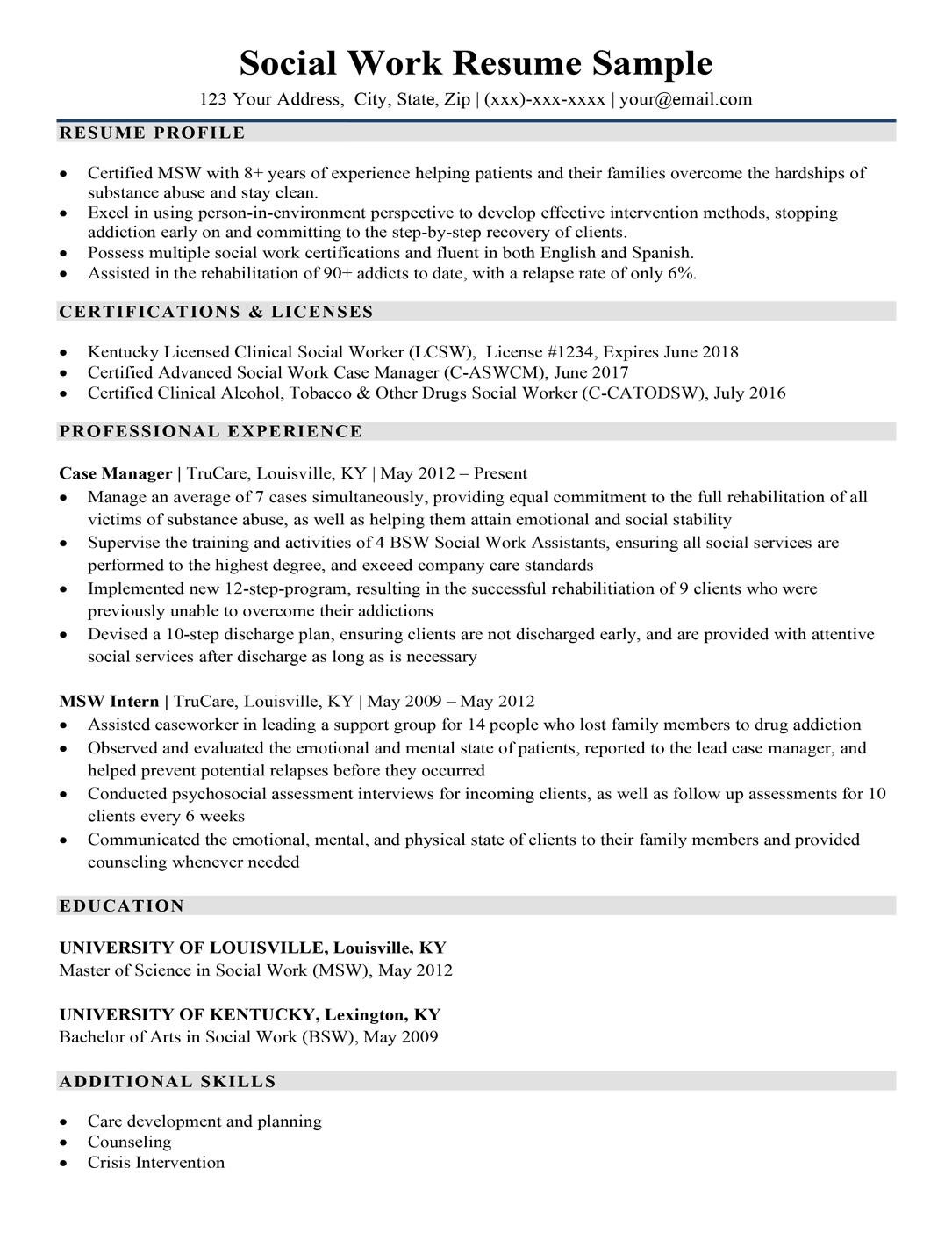 Social work resume sample