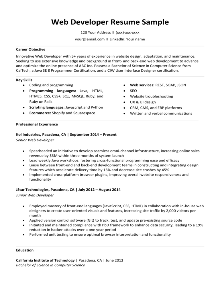 Web Developer Resume Sample And Writing Tips Resume Companion 0950