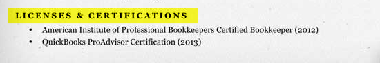 bookkeeper resume licenses and certifications section