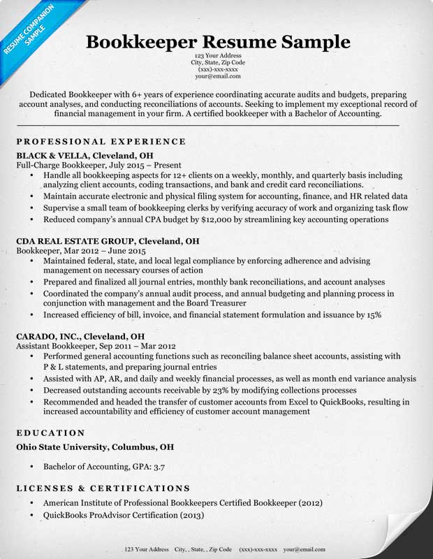 Bookkeeper Resume Sample & Writing Tips