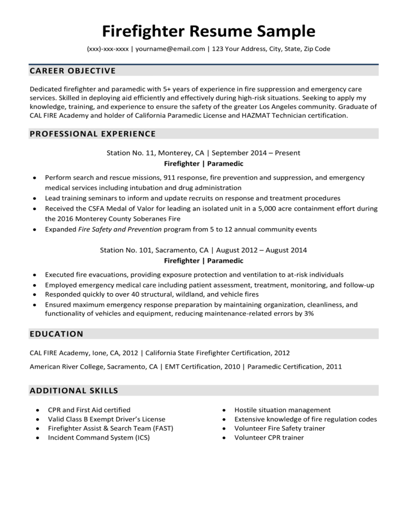 resume objective for entry level firefighter