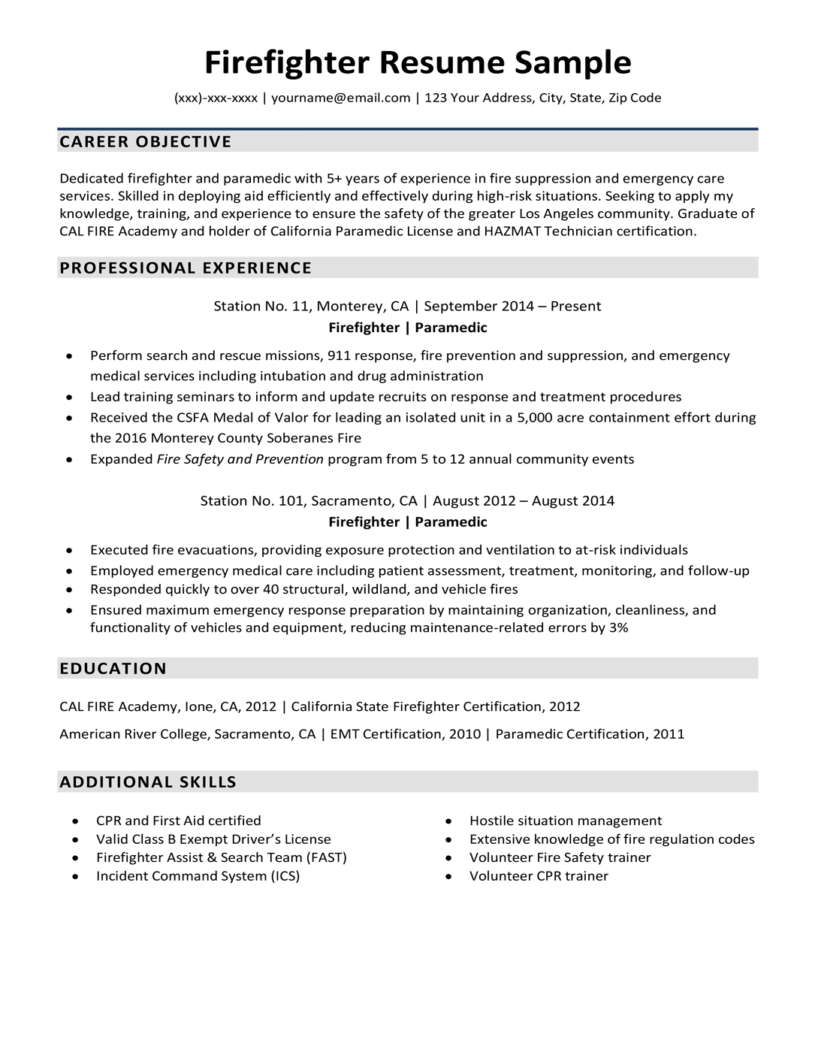 Downloadable Firefighter Resume Sample Resume Companion   Firefigher Resume Sample 815x1055 