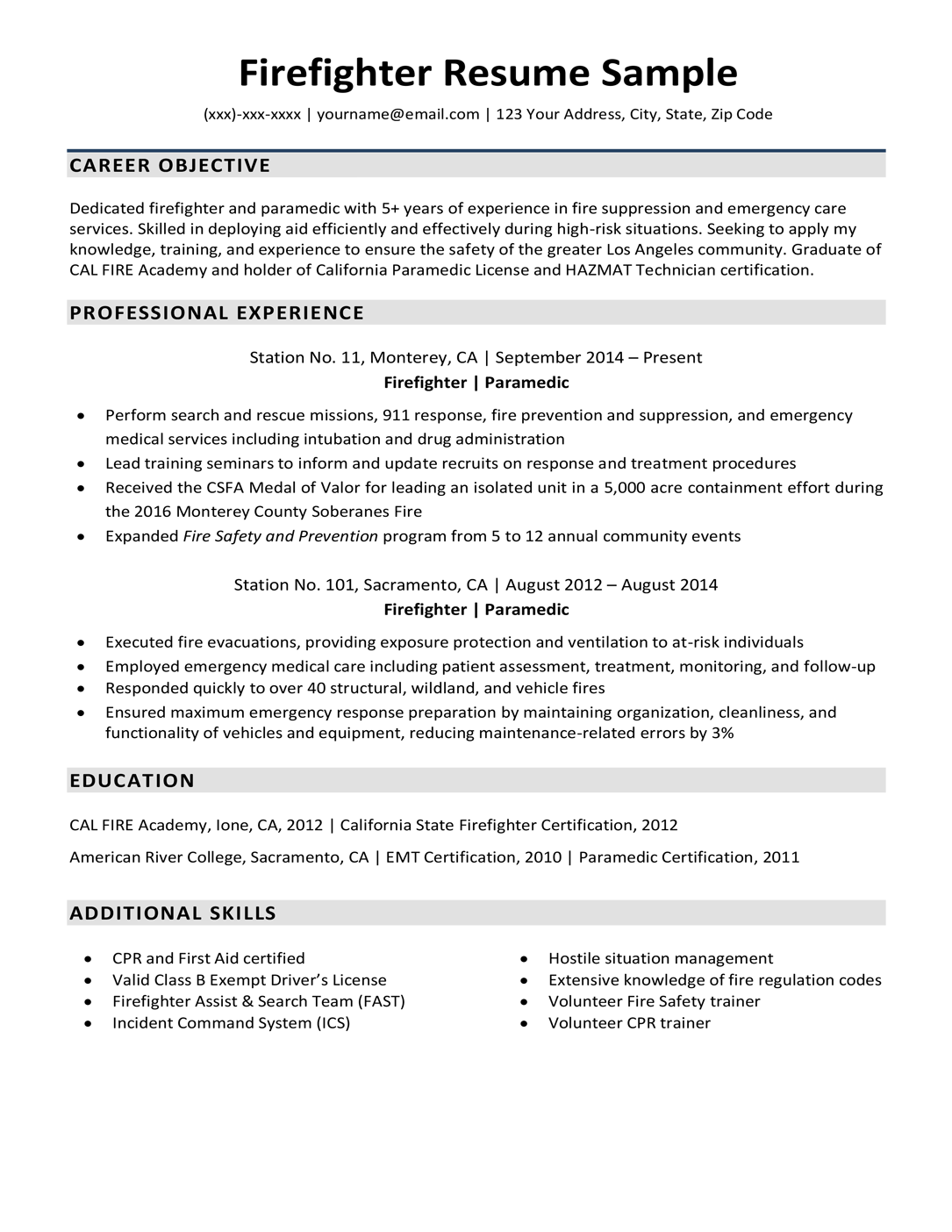 Downloadable Firefighter Resume Sample | Resume Companion