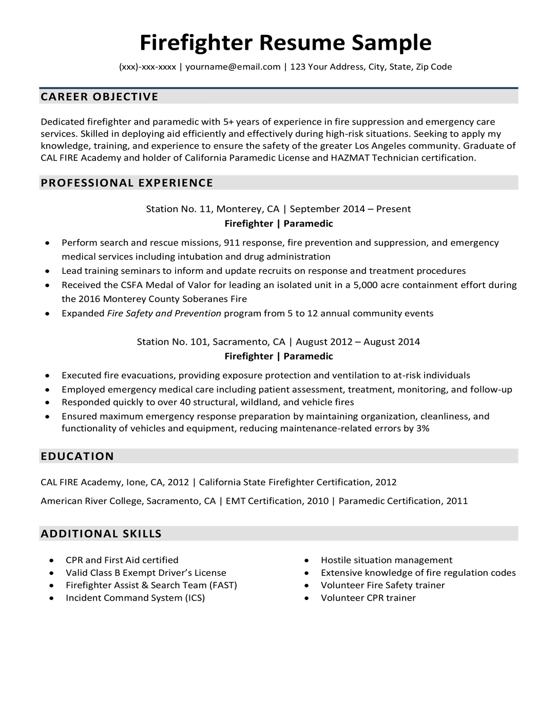 Reserve Firefighter Objective Resume Nathan