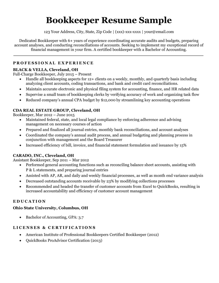 Bookkeeper Resume Sample & Writing Tips | Resume Companion