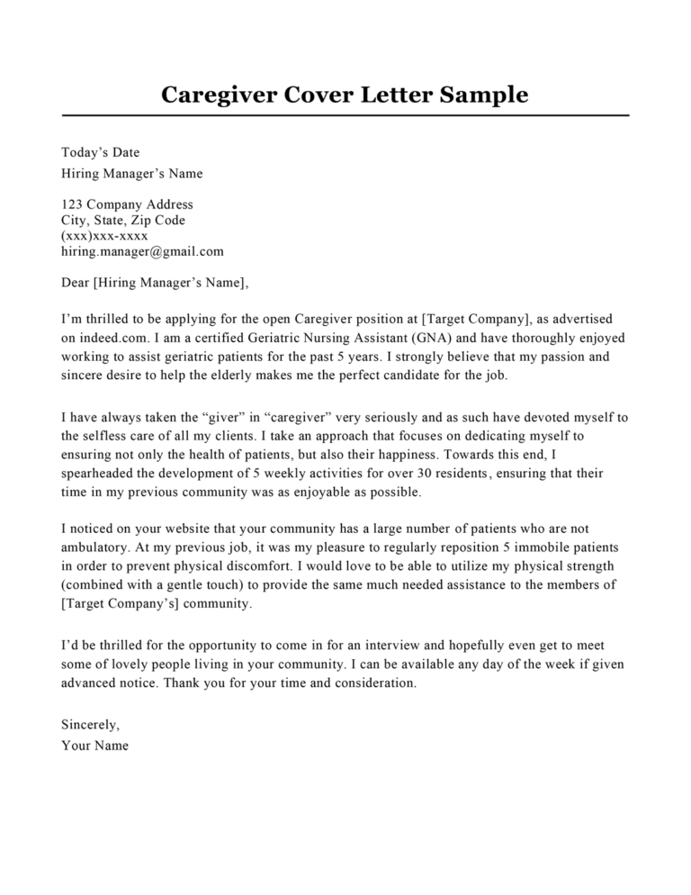 cover letter for caretaker position