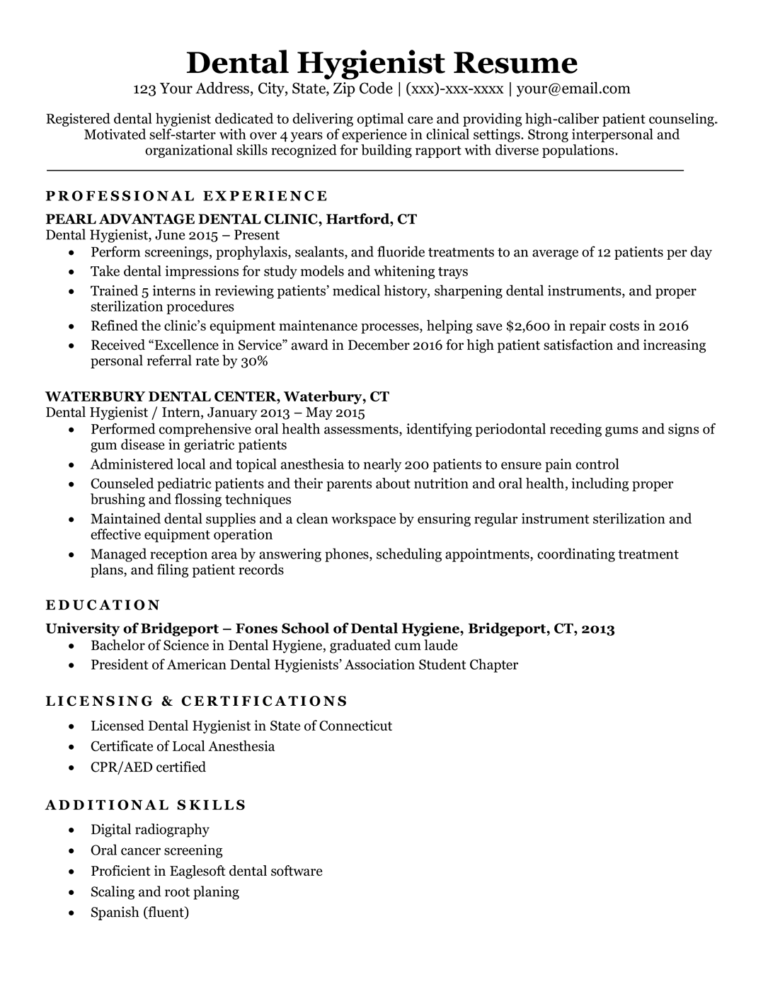 sample resume for dental hygienist