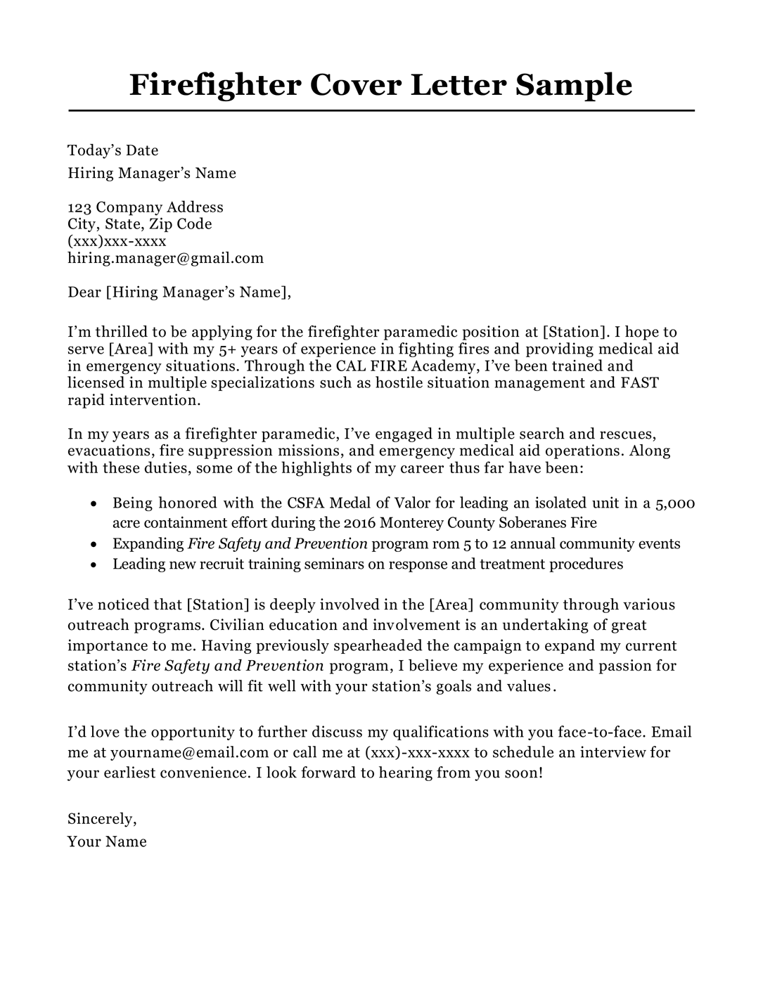 Firefighter cover letter sample