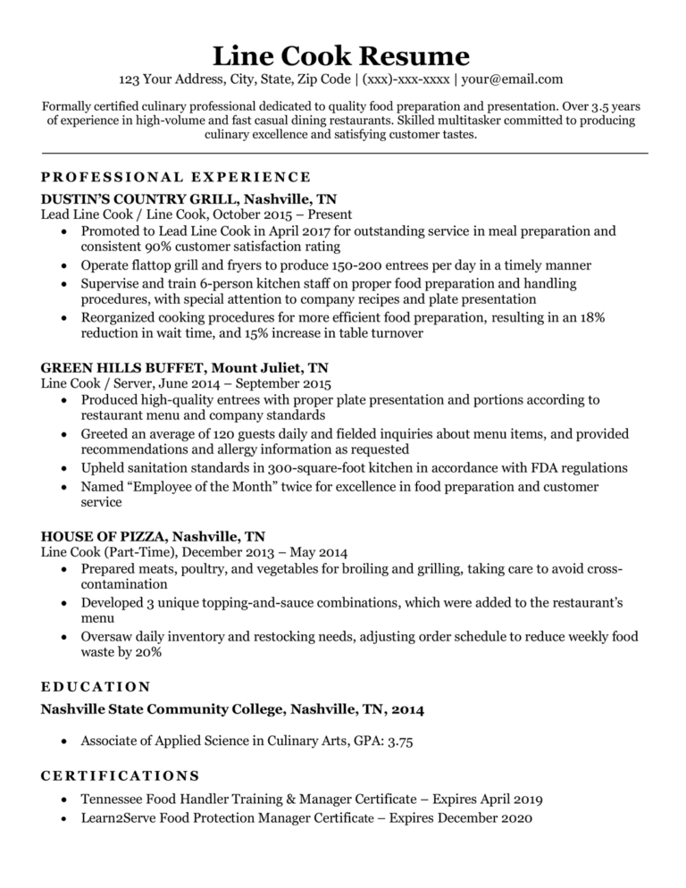 Line Cook Resume Sample & Writing Tips Resume Companion