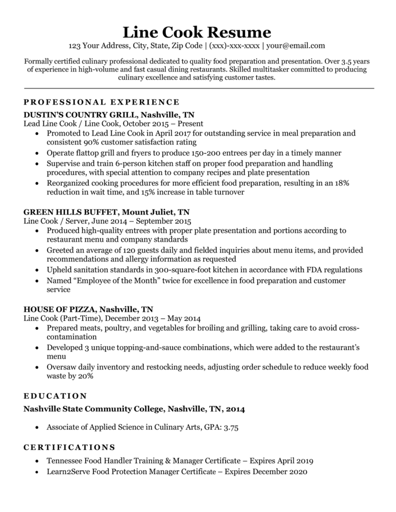 Line Cook Resume Sample & Writing Tips Resume Companion