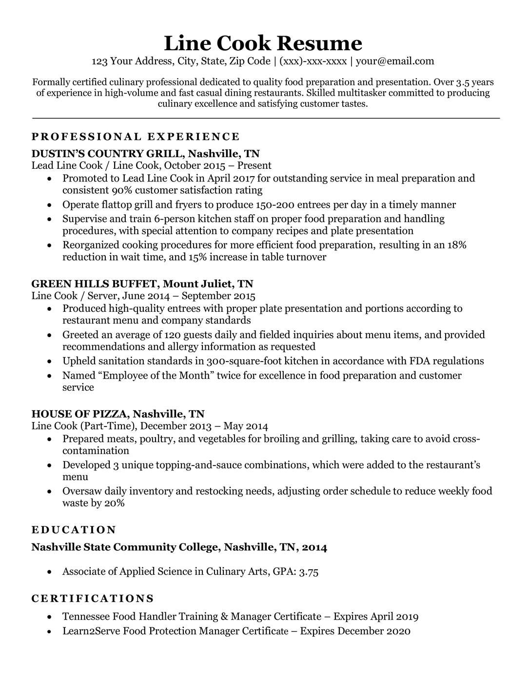 resume for restaurant kitchen