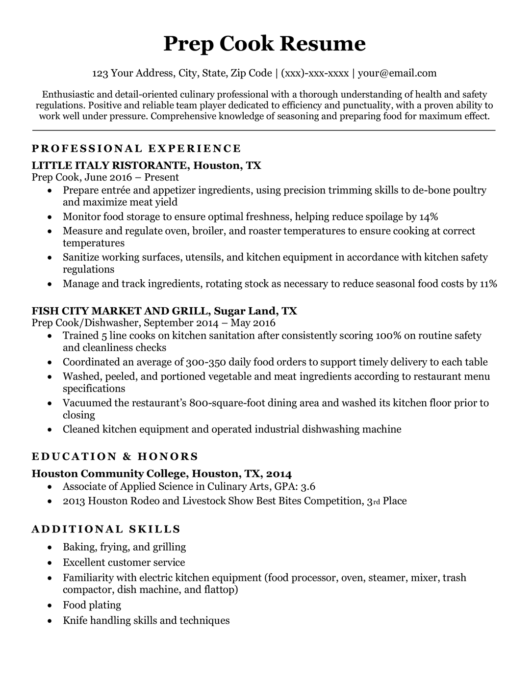 Prep cook resume sample