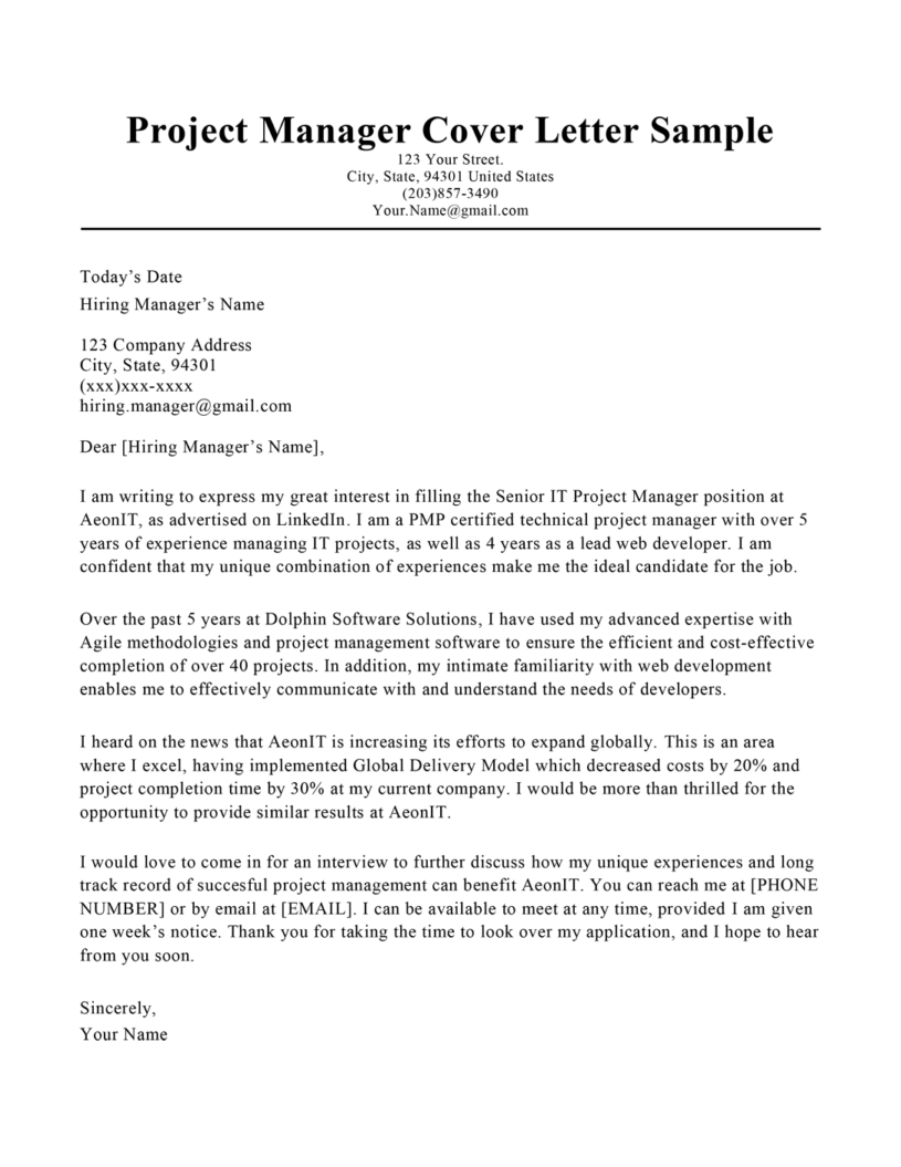 Project Manager Cover Letter Sample Tips Resume Companion