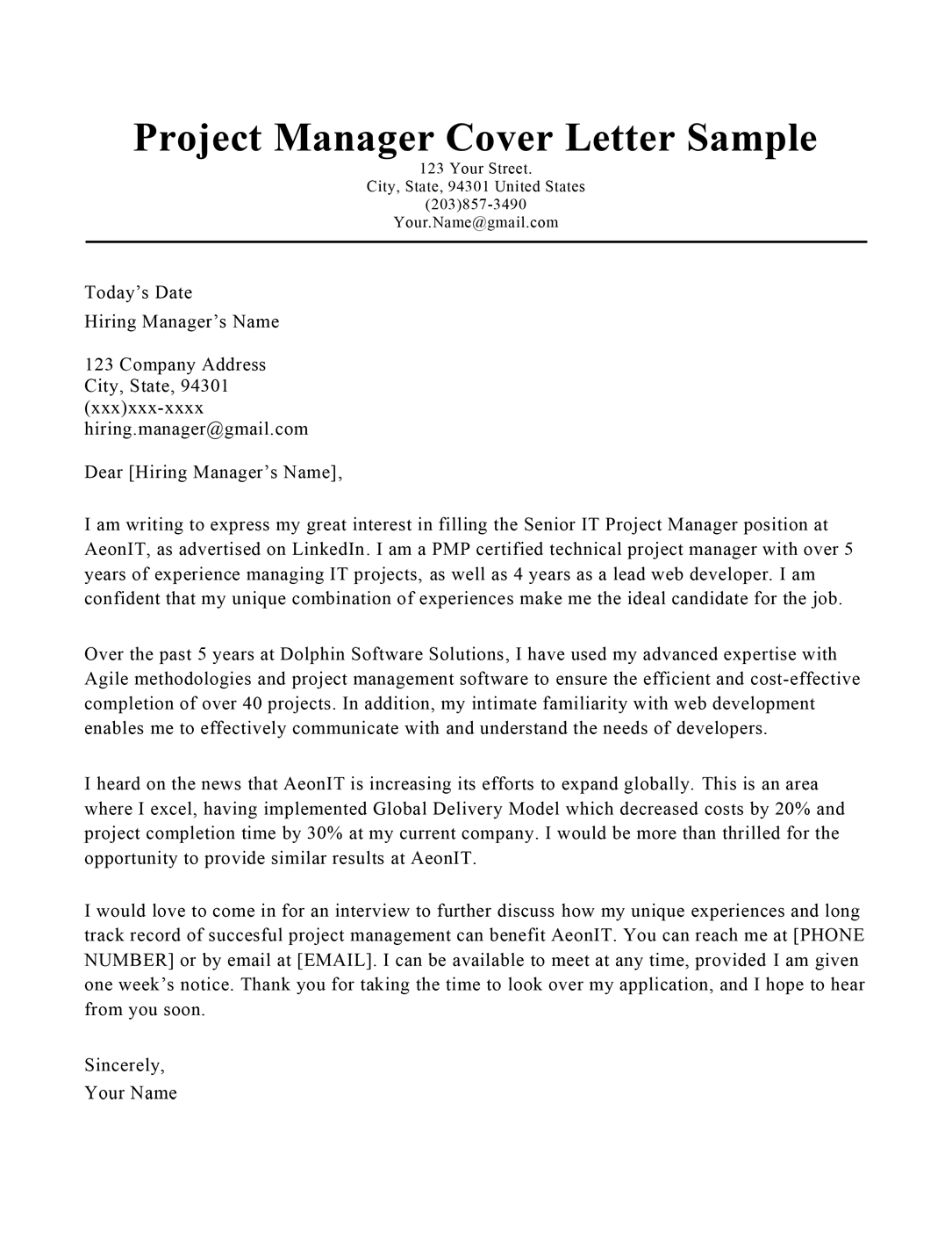 cover letter for project manager fresher