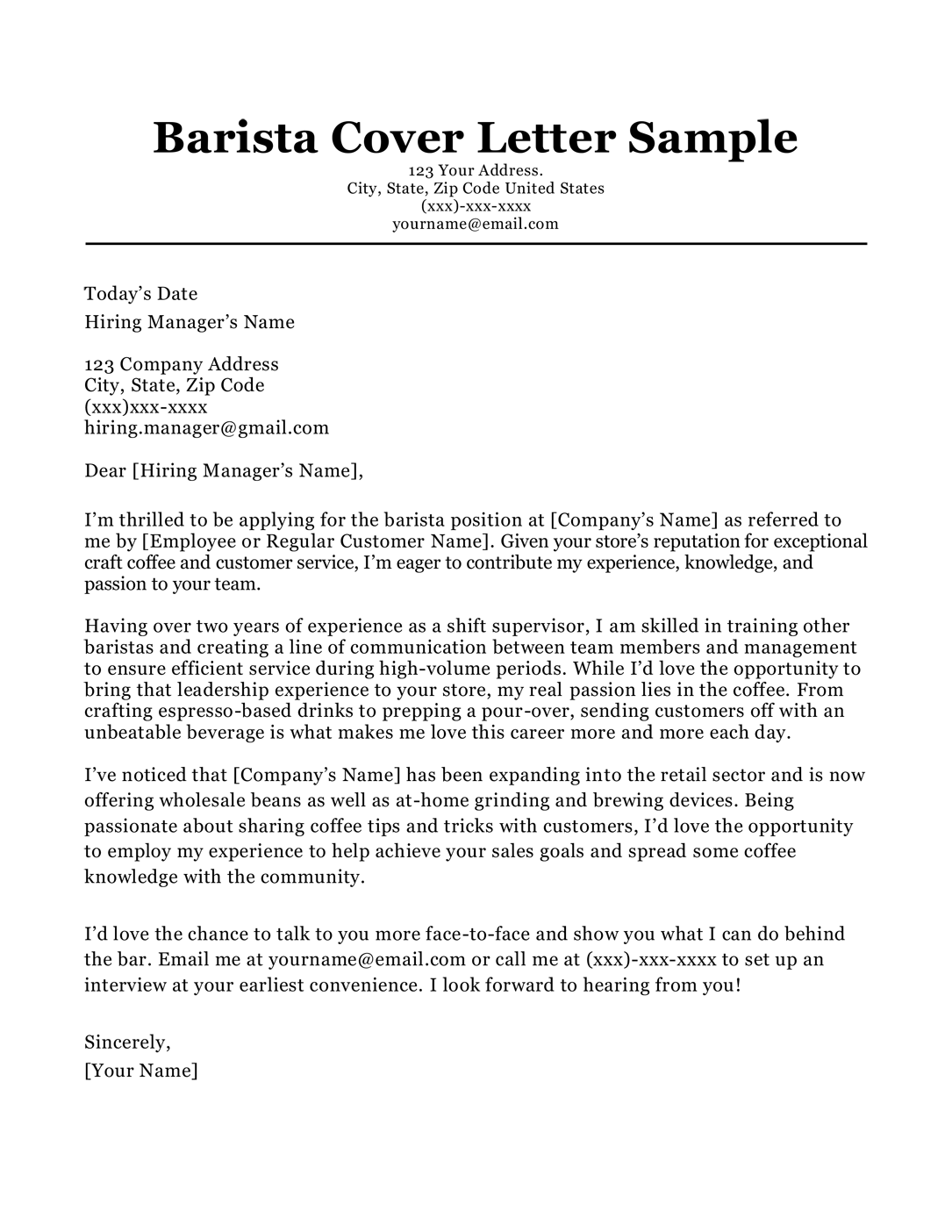 Barista Cover Letter Sample Writing Tips ResumeCompanion