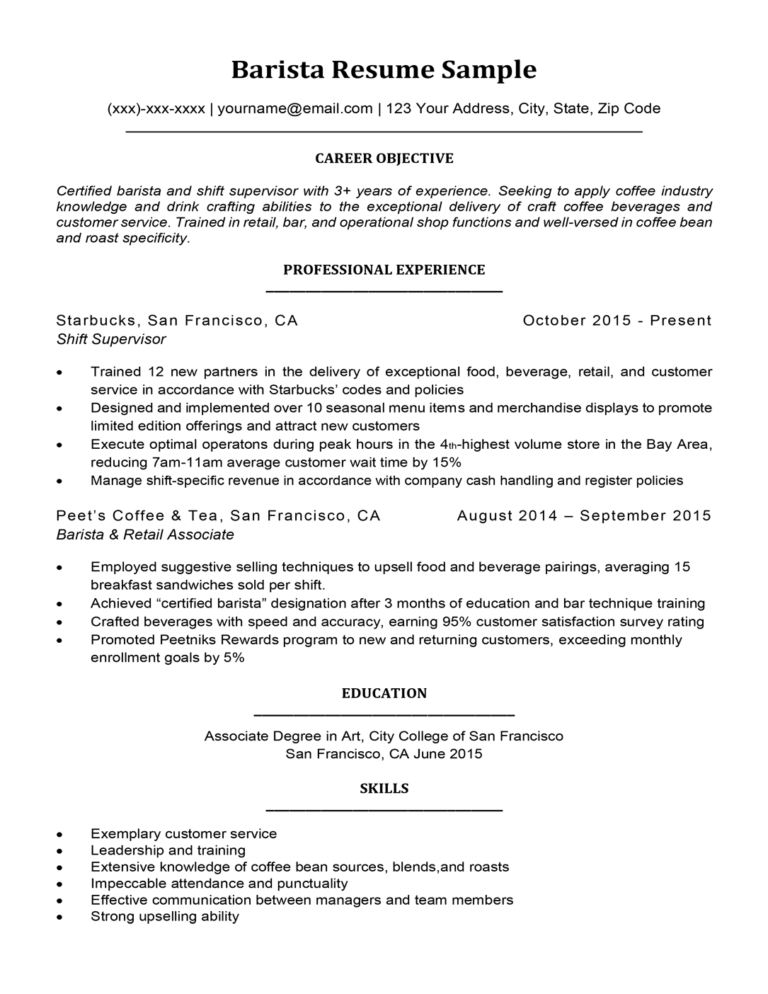 resume objective statement examples barista