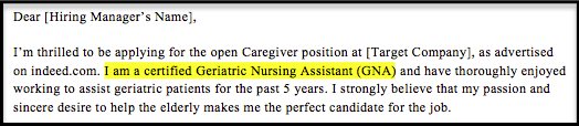 example of caregiver mentioning certifications in cover letter