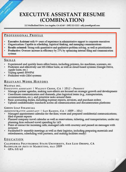 resume profile examples for executive assistant