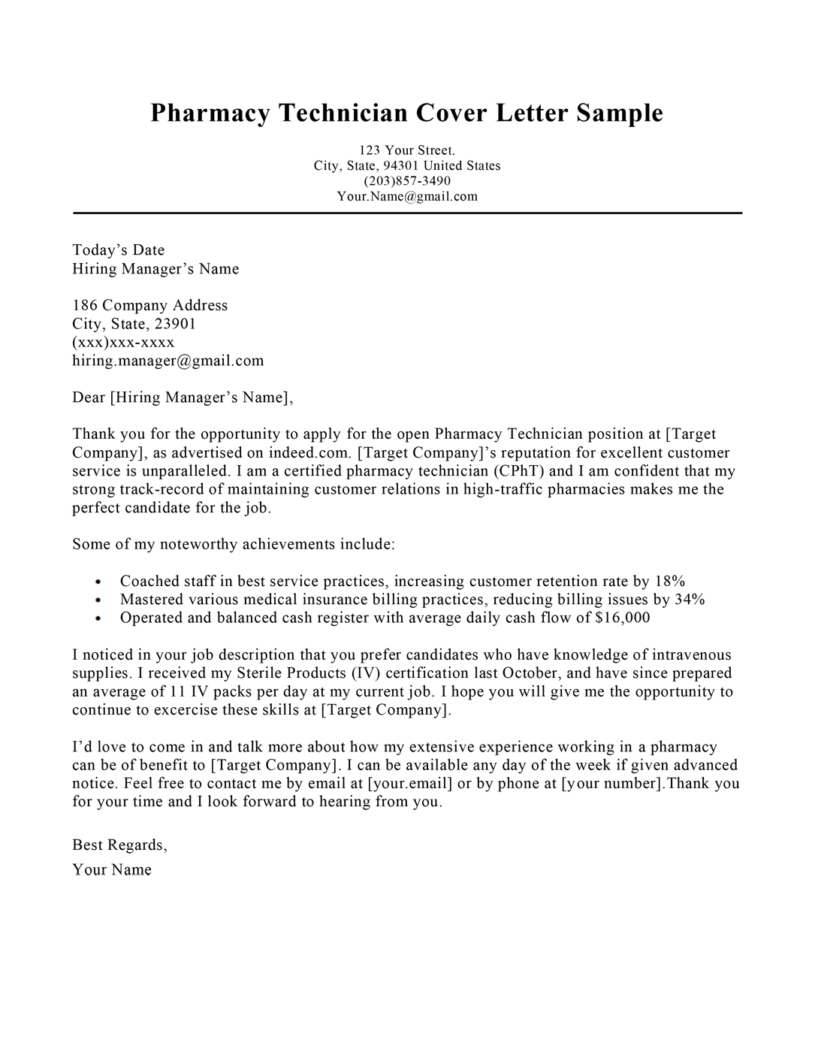 pharmacy technician cover letter with experience