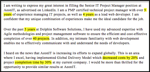 project manager cover letter quantification example