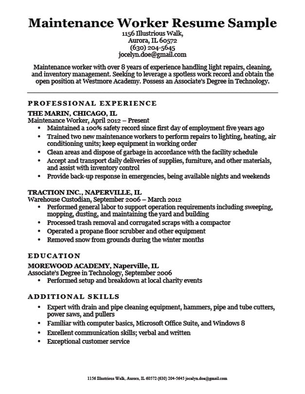 summary for resume maintenance