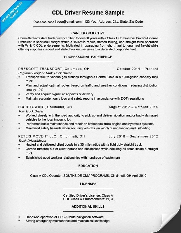 CDL Driver Resume Sample Writing Tips Resume Companion