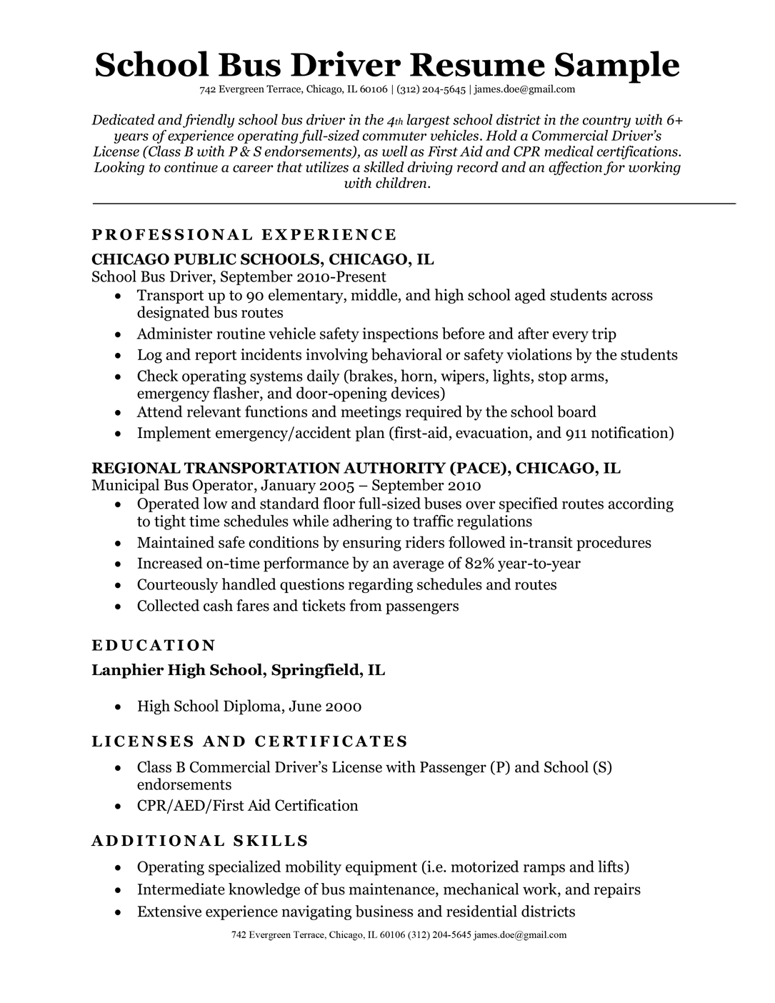 School bus driver resume sample