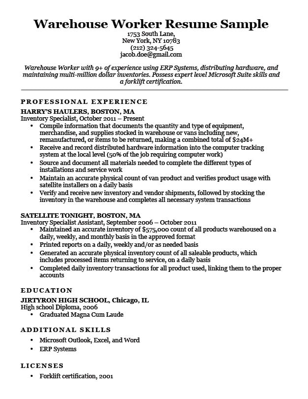 Warehouse Worker Resume Sample Resume Companion