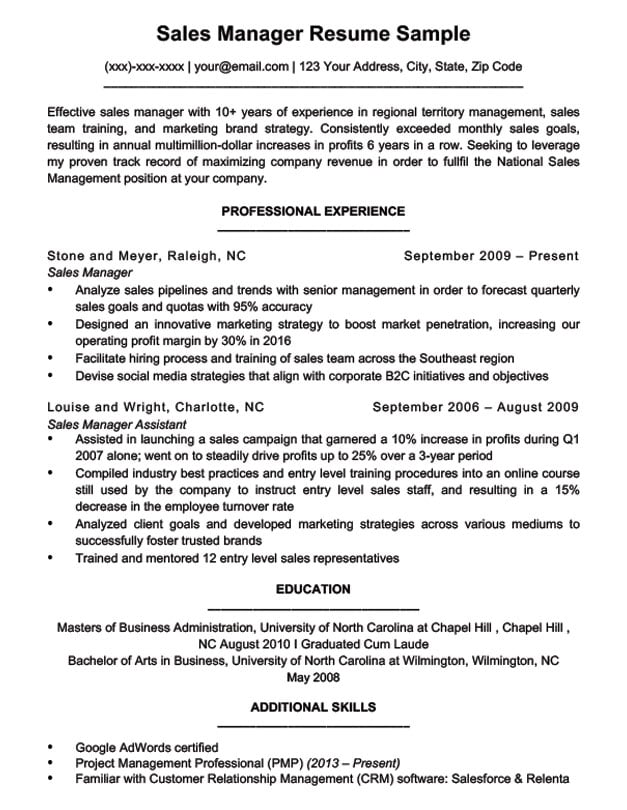 Great Sales Manager Resume - Sales Manager CV Example