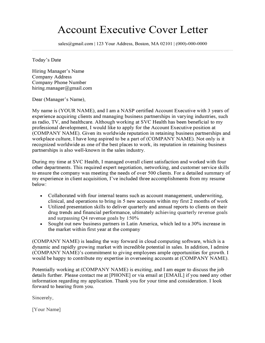 Account executive cover letter sample